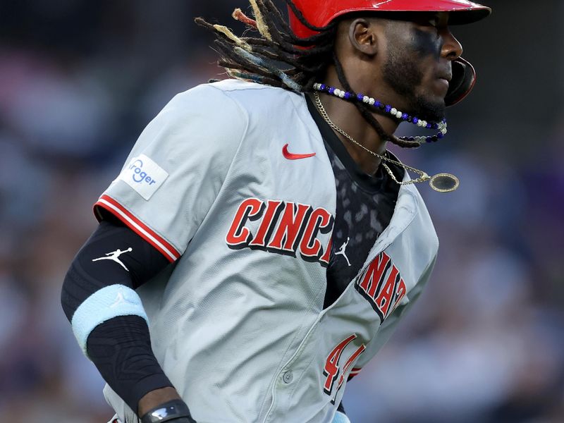 Jul 2, 2024; Bronx, New York, USA; Cincinnati Reds shortstop Elly De La Cruz (44) rounds the bases after hitting a two run home run against the New York Yankees during the fifth inning at Yankee Stadium. Mandatory Credit: Brad Penner-USA TODAY Sports