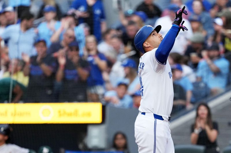 Aug 9, 2024; Toronto, Ontario, CAN; Toronto Blue Jays right fielder George Springer (4) celebrates after hitting a home run against the Oakland Athletics during the first inning at Rogers Centre. Mandatory Credit: Nick Turchiaro-USA TODAY Sports