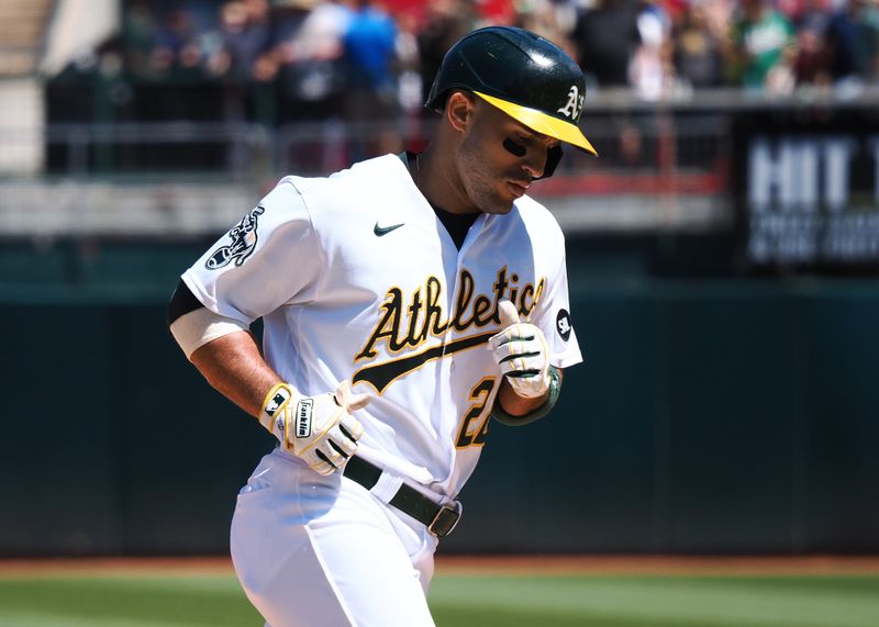 May 17, 2023; Oakland, California, USA; Oakland Athletics right fielder Ramon Laureano (22) rounds third base after hitting a three-run home run against the Arizona Diamondbacks during the seventh inning at Oakland-Alameda County Coliseum. Mandatory Credit: Kelley L Cox-USA TODAY Sports