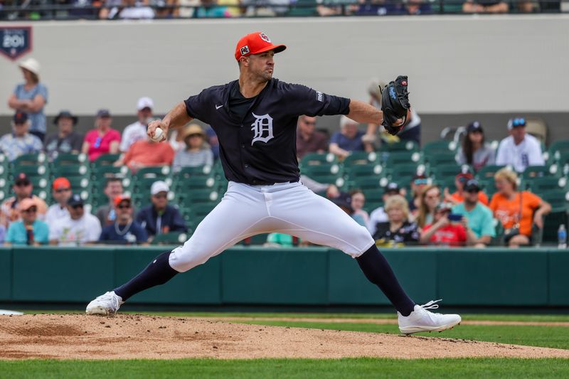 Feb 27, 2025; Lakeland, Florida, USA; Detroit Tigers pitcher Jack Flaherty (9) pitches during the first inning against the Boston Red Sox at Publix Field at Joker Marchant Stadium. Mandatory Credit: Mike Watters-Imagn Images