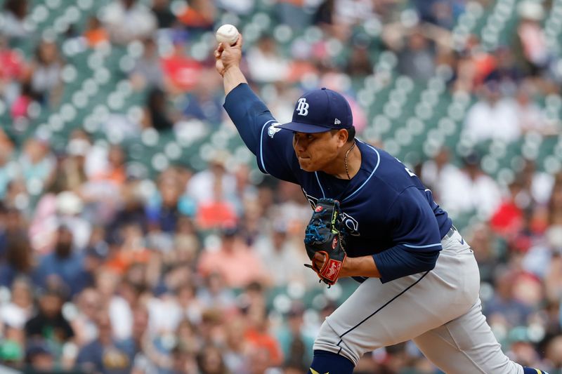 Aug 6, 2023; Detroit, Michigan, USA; Tampa Bay Rays relief pitcher Erasmo Ramirez (61) pitches against the Detroit Tigers at Comerica Park. Mandatory Credit: Rick Osentoski-USA TODAY Sports