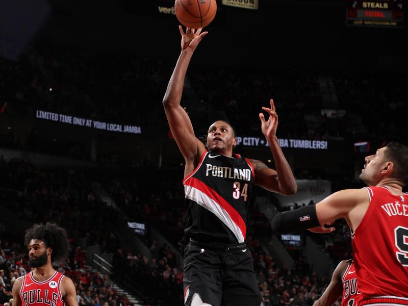 PORTLAND, OR - JANUARY 28: Jabari Walker #34 of the Portland Trail Blazers shoots the ball during the game against the Chicago Bulls on January 28, 2024 at the Moda Center Arena in Portland, Oregon. NOTE TO USER: User expressly acknowledges and agrees that, by downloading and or using this photograph, user is consenting to the terms and conditions of the Getty Images License Agreement. Mandatory Copyright Notice: Copyright 2024 NBAE (Photo by Cameron Browne/NBAE via Getty Images)