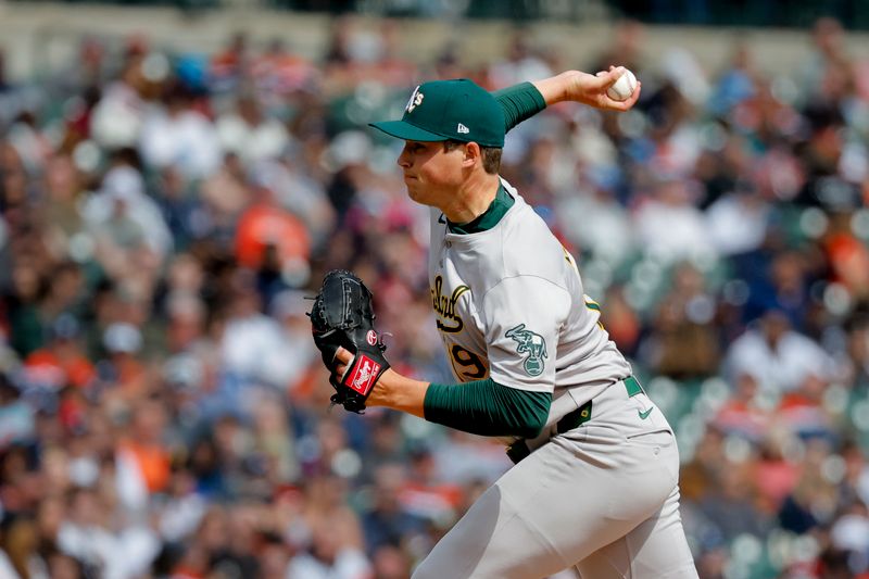 Apr 6, 2024; Detroit, Michigan, USA;  Oakland Athletics starting pitcher Mason Miller (19) pitches in the eighth inning against the Detroit Tigers at Comerica Park. Mandatory Credit: Rick Osentoski-USA TODAY Sports