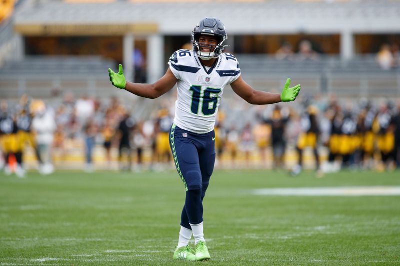 Seattle Seahawks wide receiver Tyler Lockett (16) reacts before a preseason NFL football game, Saturday, Aug. 13, 2022, in Pittsburgh, PA. (AP Photo/Matt Durisko)