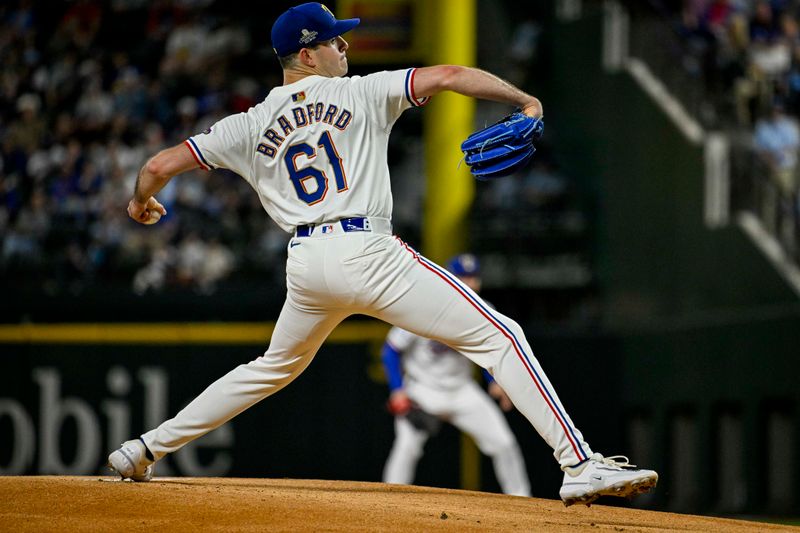 Apr 10, 2024; Arlington, Texas, USA; Texas Rangers starting pitcher Cody Bradford (61) pitches against the Oakland Athletics during the first inning at Globe Life Field. Mandatory Credit: Jerome Miron-USA TODAY Sports