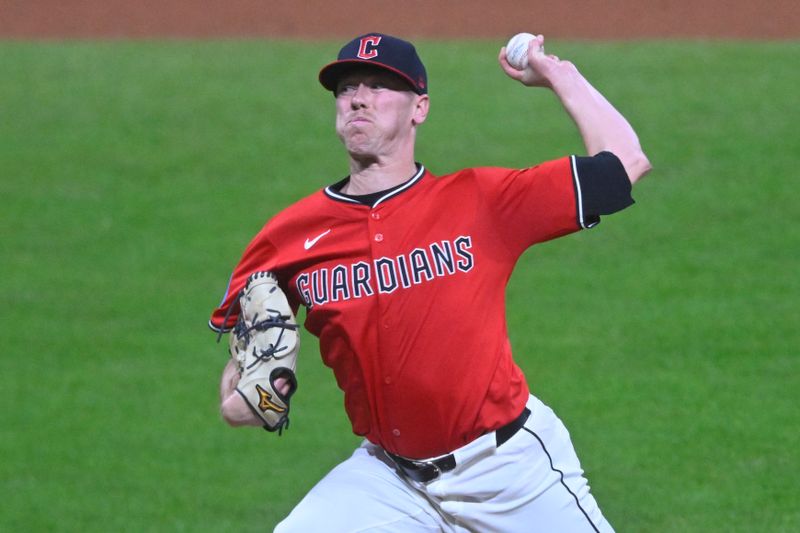 Sep 25, 2025; Cleveland, Ohio, USA; Cleveland Guardians relief pitcher Kolby Allard (49) delivers a pitch in the eighth inning against the Detroit Tigers at Progressive Field. Mandatory Credit: David Richard-Imagn Images