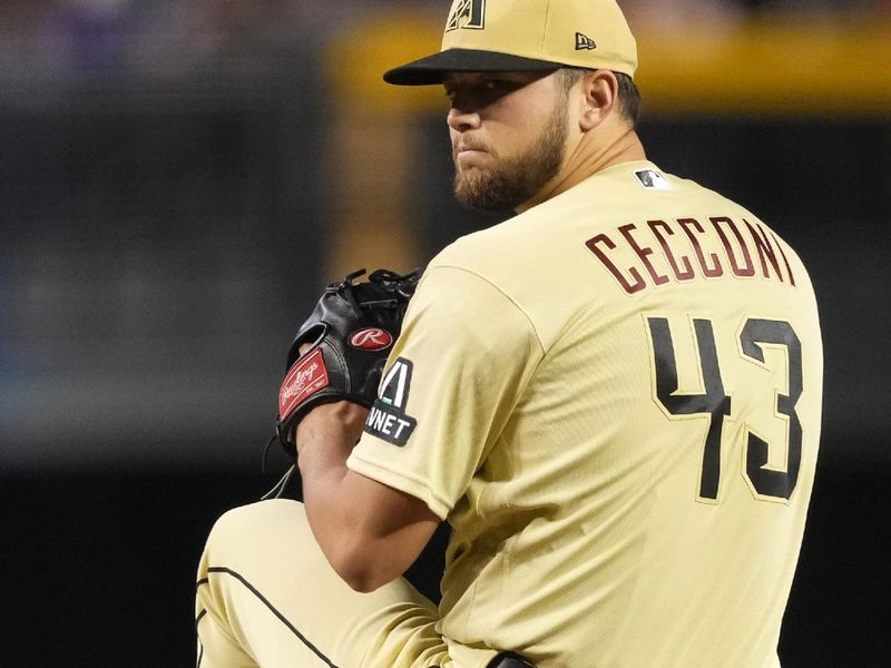 Sep 2, 2023; Phoenix, Arizona, USA; Arizona Diamondbacks starting pitcher Slade Cecconi (43) pitches against the Baltimore Orioles during the fourth inning at Chase Field. Mandatory Credit: Joe Camporeale-USA TODAY Sports