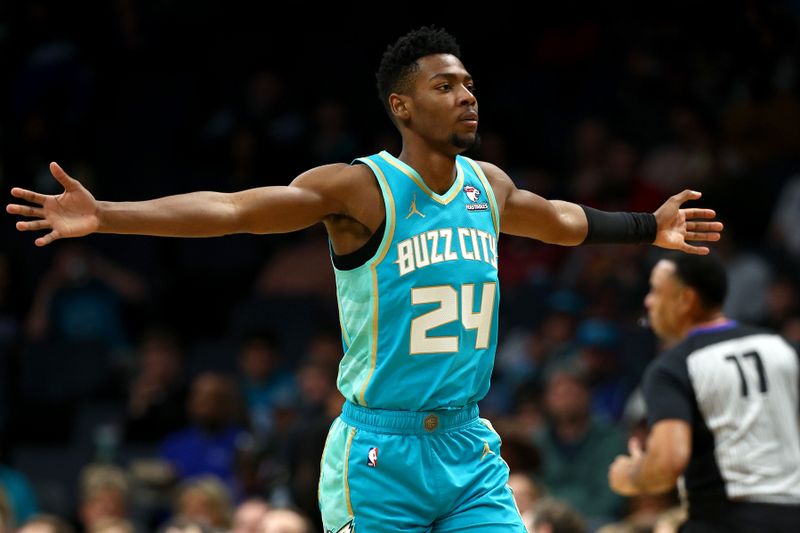 CHARLOTTE, NORTH CAROLINA - MARCH 27: Brandon Miller #24 of the Charlotte Hornets reacts during the first half of the game against the Cleveland Cavaliers at Spectrum Center on March 27, 2024 in Charlotte, North Carolina. NOTE TO USER: User expressly acknowledges and agrees that, by downloading and or using this photograph, User is consenting to the terms and conditions of the Getty Images License Agreement. (Photo by Jared C. Tilton/Getty Images)