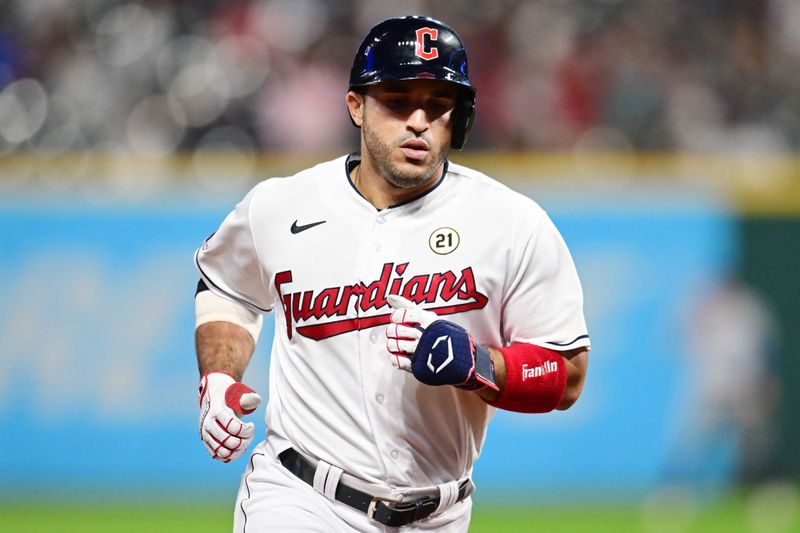 Sep 15, 2023; Cleveland, Ohio, USA; Cleveland Guardians center fielder Ramon Laureano (10) rounds the bases after hitting a home run during the fifth inning against the Texas Rangers at Progressive Field. Mandatory Credit: Ken Blaze-USA TODAY Sports