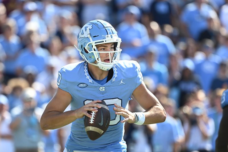 Sep 16, 2023; Chapel Hill, North Carolina, USA; North Carolina Tar Heels quarterback Drake Maye (10) looks to pass in the first quarter at Kenan Memorial Stadium. Mandatory Credit: Bob Donnan-USA TODAY Sports