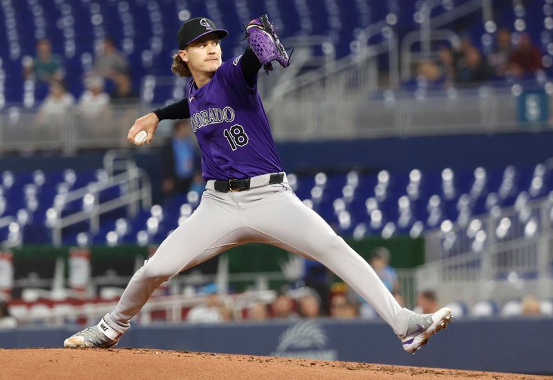 Apr 30, 2024; Miami, Florida, USA;  Colorado Rockies pitcher Ryan Feltner (18) delivers a pitch against the Miami Marlins in the first inning at loanDepot Park. Mandatory Credit: Rhona Wise-USA TODAY Sports