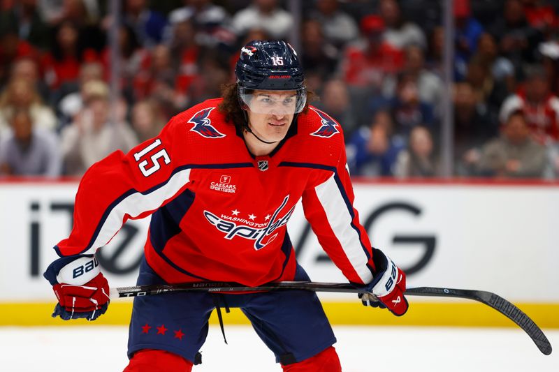 Mar 20, 2024; Washington, District of Columbia, USA; Washington Capitals left wing Sonny Milano (15) looks on from the ice during a stoppage in play against the Toronto Maple Leafs at Capital One Arena. Mandatory Credit: Amber Searls-USA TODAY Sports