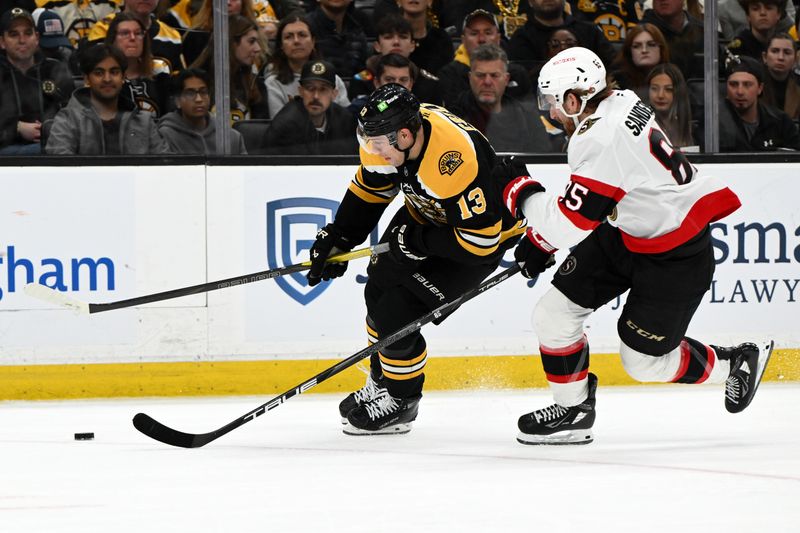 Nov 9, 2024; Boston, Massachusetts, USA; Boston Bruins center Charlie Coyle (13) and Ottawa Senators defenseman Jake Sanderson (85) battle for the puck during the third period at TD Garden. Mandatory Credit: Brian Fluharty-Imagn Images