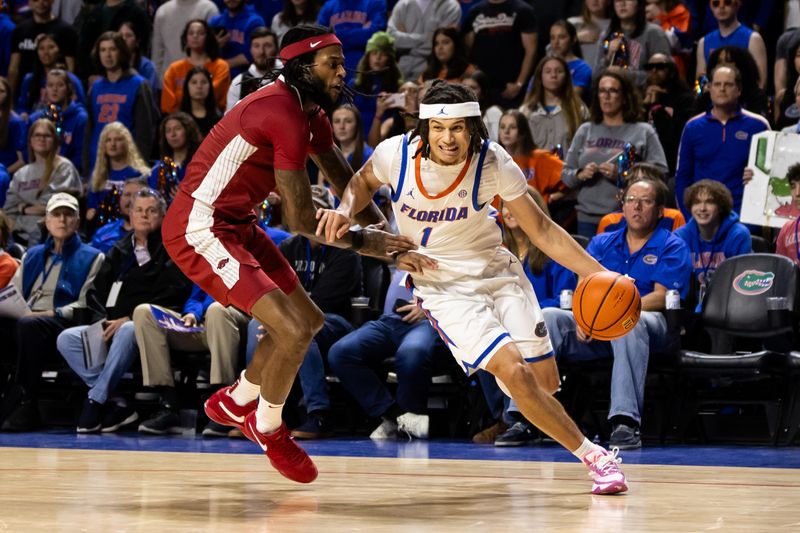 Jan 13, 2024; Gainesville, Florida, USA; Florida Gators guard Walter Clayton Jr. (1) drives to the basket against the Arkansas Razorbacks during the second half at Exactech Arena at the Stephen C. O'Connell Center. Mandatory Credit: Matt Pendleton-USA TODAY Sports