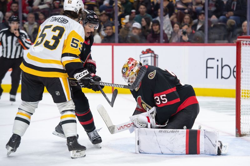 Dec 14, 2024; Ottawa, Ontario, CAN; Ottawa Senators goalie Linus Ullmark (35) makes a save in front of Pittsburgh Penguins center Philip Tomasino (53) in the second period at the Canadian Tire Centre. Mandatory Credit: Marc DesRosiers-Imagn Images