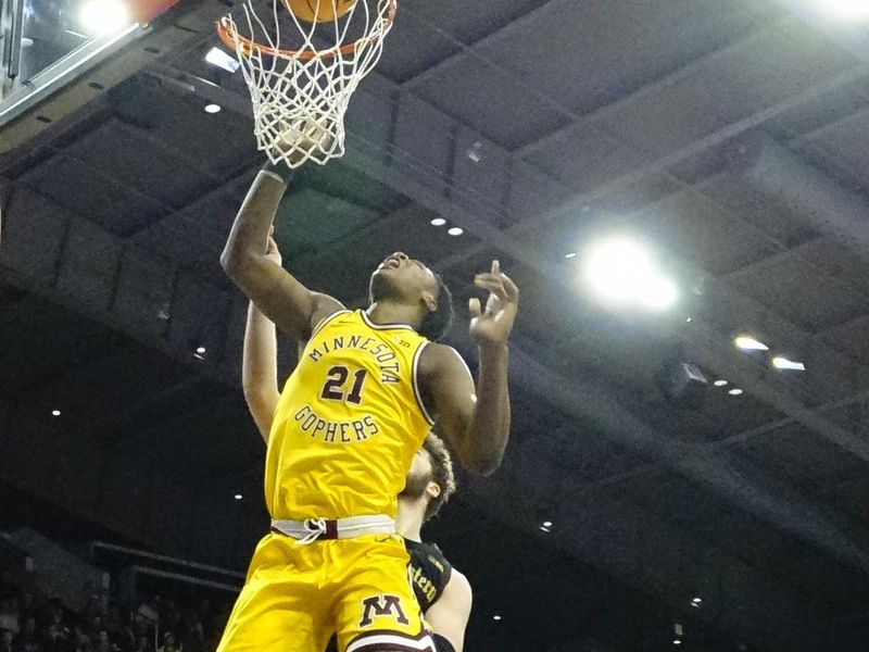 Jan 28, 2023; Evanston, Illinois, USA; Minnesota Golden Gophers forward Pharrel Payne (21) scores against the Northwestern Wildcats during the first half at Welsh-Ryan Arena. Mandatory Credit: David Banks-USA TODAY Sports