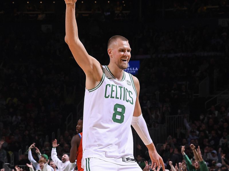 BOSTON, MA - APRIL 3: Kristaps Porzingis #8 of the Boston Celtics celebrates three point basket during the game against the Oklahoma City Thunder on April 3, 2024 at the TD Garden in Boston, Massachusetts. NOTE TO USER: User expressly acknowledges and agrees that, by downloading and or using this photograph, User is consenting to the terms and conditions of the Getty Images License Agreement. Mandatory Copyright Notice: Copyright 2024 NBAE  (Photo by Brian Babineau/NBAE via Getty Images)