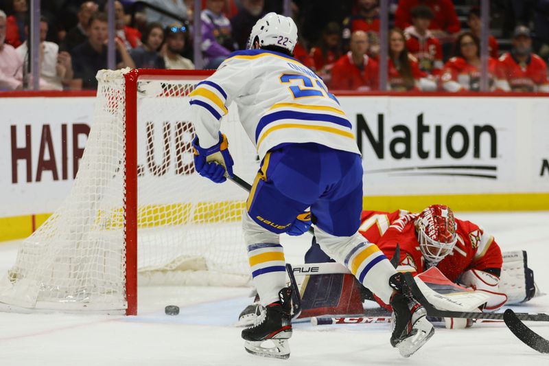 Apr 13, 2024; Sunrise, Florida, USA; Buffalo Sabres right wing Jack Quinn (22) scores against Florida Panthers goaltender Sergei Bobrovsky (72) during the first period at Amerant Bank Arena. Mandatory Credit: Sam Navarro-USA TODAY Sports