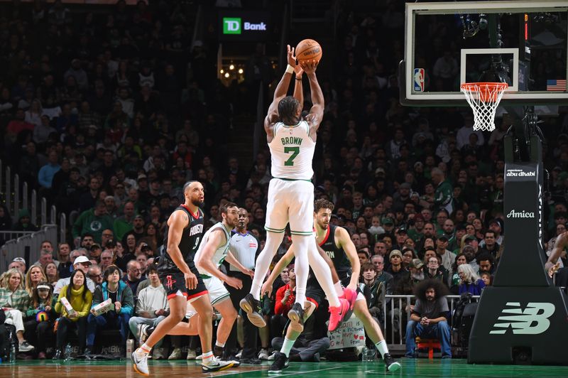 BOSTON, MA - JANUARY 27: Jaylen Brown #7 of the Boston Celtics shoots the ball during the game against the Houston Rockets on January 27, 2025 at TD Garden in Boston, Massachusetts. NOTE TO USER: User expressly acknowledges and agrees that, by downloading and/or using this Photograph, user is consenting to the terms and conditions of the Getty Images License Agreement. Mandatory Copyright Notice: Copyright 2025 NBAE (Photo by Brian Babineau/NBAE via Getty Images)