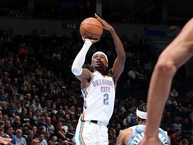 MINNEAPOLIS, MN -  NOVEMBER 28: Shai Gilgeous-Alexander #2 of the Oklahoma City Thunder shoots the ball during the game against the Minnesota Timberwolves during the In - Season Tournament on November 28, 2023 at Target Center in Minneapolis, Minnesota. NOTE TO USER: User expressly acknowledges and agrees that, by downloading and or using this Photograph, user is consenting to the terms and conditions of the Getty Images License Agreement. Mandatory Copyright Notice: Copyright 2023 NBAE (Photo by David Sherman/NBAE via Getty Images)