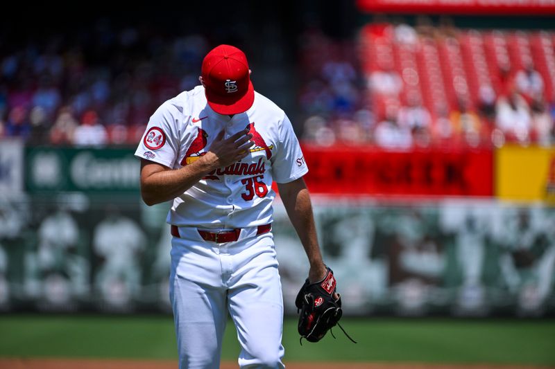 Jul 31, 2024; St. Louis, Missouri, USA;  St. Louis Cardinals starting pitcher Michael McGreevy (36) walks off the field after the second inning against the Texas Rangers during his Major League Debut at Busch Stadium. Mandatory Credit: Jeff Curry-USA TODAY Sports