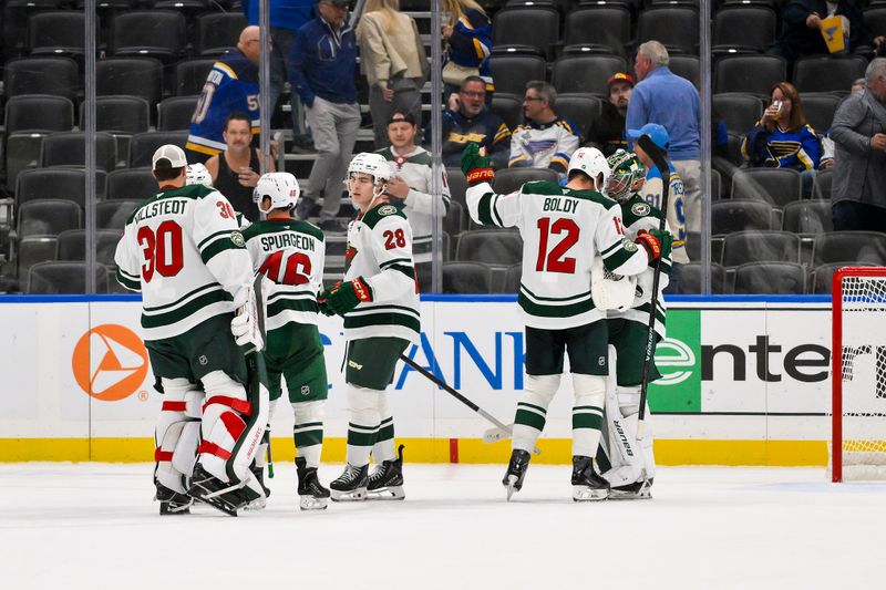 Oct 9, 2025; St. Louis, Missouri, USA; Minnesota Wild celebrate after they defeated the St. Louis Blues at Enterprise Center. Mandatory Credit: Jeff Curry-Imagn Images