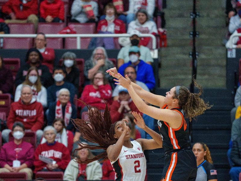 Jan 27, 2023; Stanford, California, USA; Oregon State Beavers guard Talia von Oelhoffen (22) shoots the basketball over Stanford Cardinal guard Agnes Emma-Nnopu (2) during the first quarter at Maples Pavilion. Mandatory Credit: Neville E. Guard-USA TODAY Sports