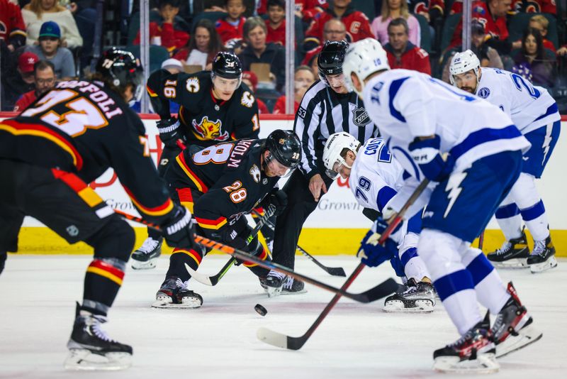 Jan 21, 2023; Calgary, Alberta, CAN; Calgary Flames center Elias Lindholm (28) and Tampa Bay Lightning center Ross Colton (79) face off for the puck during the first period at Scotiabank Saddledome. Mandatory Credit: Sergei Belski-USA TODAY Sports