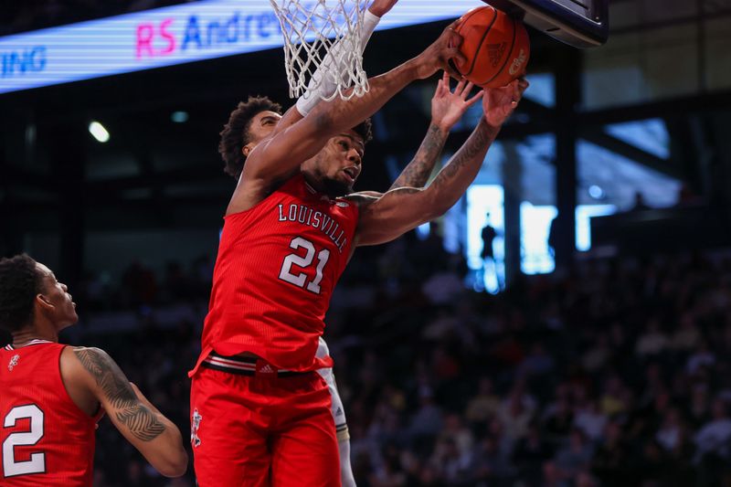 Feb 25, 2023; Atlanta, Georgia, USA; Louisville Cardinals forward Sydney Curry (21) grabs a rebound in front of Georgia Tech Yellow Jackets forward Javon Franklin (4) in the second half at McCamish Pavilion. Mandatory Credit: Brett Davis-USA TODAY Sports