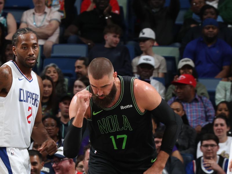 NEW ORLEANS, LA - MARCH 15: Jonas Valanciunas #17 of the New Orleans Pelicans celebrates during the game against the LA Clippers on March 15, 2024 at the Smoothie King Center in New Orleans, Louisiana. NOTE TO USER: User expressly acknowledges and agrees that, by downloading and or using this Photograph, user is consenting to the terms and conditions of the Getty Images License Agreement. Mandatory Copyright Notice: Copyright 2024 NBAE (Photo by Layne Murdoch Jr./NBAE via Getty Images)