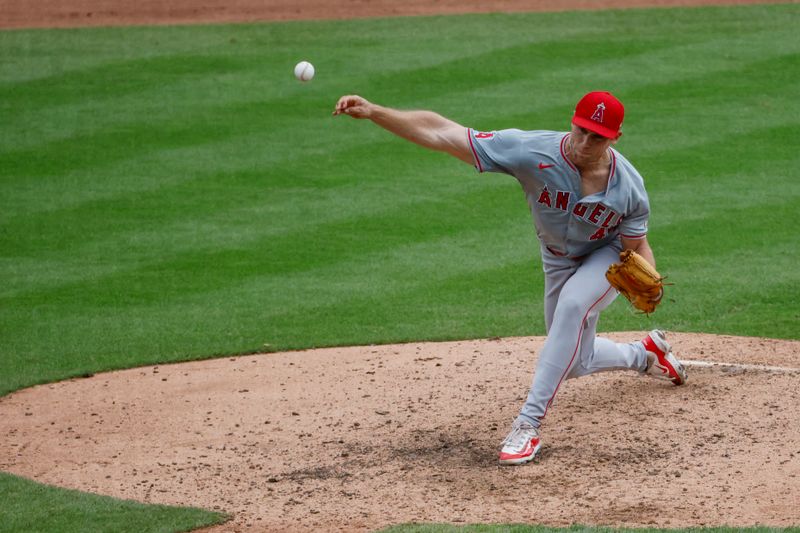 Aug 29, 2024; Detroit, Michigan, USA;  Los Angeles Angels pitcher Ben Joyce (44) pitches in the ninth inning against the Detroit Tigers at Comerica Park. Mandatory Credit: Rick Osentoski-USA TODAY Sports