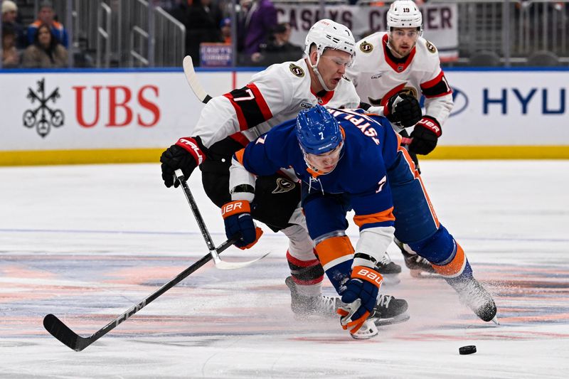 Jan 14, 2025; Elmont, New York, USA;  Ottawa Senators left wing Brady Tkachuk (7) and New York Islanders right wing Maxim Tsyplakov (7) battle for a lose puck during the first period at UBS Arena. Mandatory Credit: Dennis Schneidler-Imagn Images