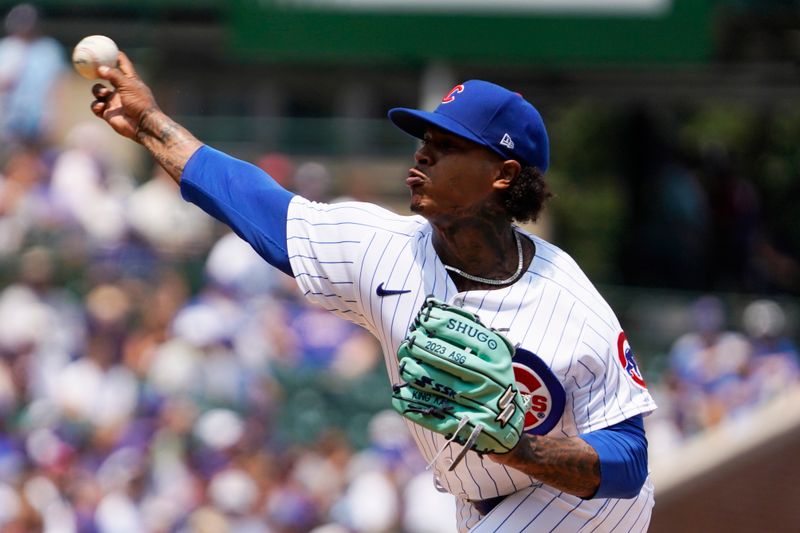 Jul 15, 2023; Chicago, Illinois, USA; Chicago Cubs starting pitcher Marcus Stroman (0) throws the ball against the Boston Red Sox during the first inning at Wrigley Field. Mandatory Credit: David Banks-USA TODAY Sports