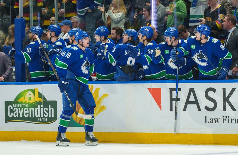 Jan 29, 2026; Vancouver, British Columbia, CAN;  Vancouver Canucks left wing Drew O'Connor (18) celebrates his goal with teammates on the bench against the Anaheim Ducks in the third period at Rogers Arena. Mandatory Credit: Christopher Morris-Imagn Images