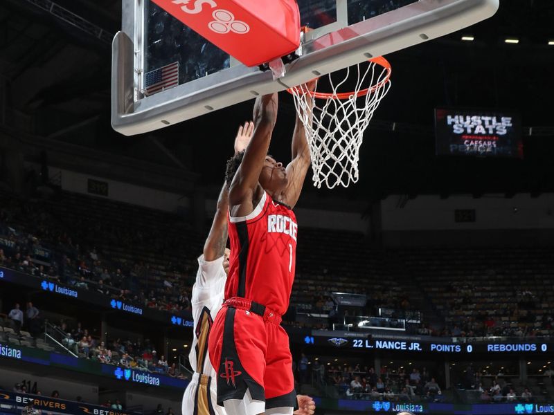 NEW ORLEANS, LA - FEBRUARY 22: Amen Thompson #1 of the Houston Rockets dunks the ball during the game against the New Orleans Pelicans on February 22, 2024 at the Smoothie King Center in New Orleans, Louisiana. NOTE TO USER: User expressly acknowledges and agrees that, by downloading and or using this Photograph, user is consenting to the terms and conditions of the Getty Images License Agreement. Mandatory Copyright Notice: Copyright 2024 NBAE (Photo by Layne Murdoch Jr./NBAE via Getty Images)