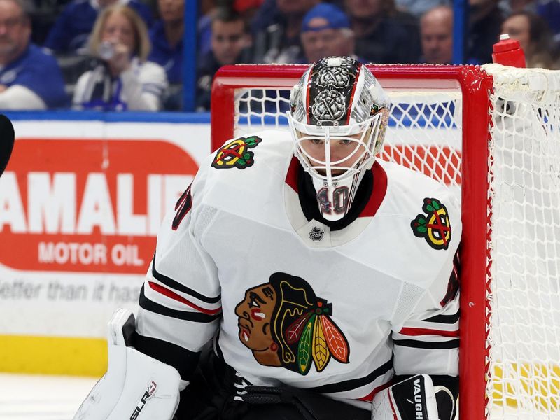 Jan 28, 2025; Tampa, Florida, USA; Chicago Blackhawks goaltender Arvid Soderblom (40) looks on against the Tampa Bay Lightning during the third period at Amalie Arena. Mandatory Credit: Kim Klement Neitzel-Imagn Images