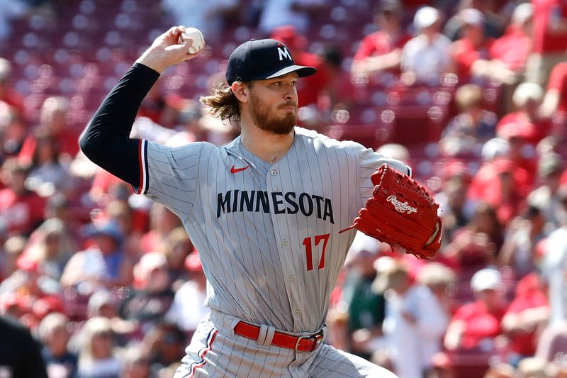 Sep 20, 2023; Cincinnati, Ohio, USA; Minnesota Twins starting pitcher Bailey Ober (17) throws against the Cincinnati Reds during the first inning at Great American Ball Park. Mandatory Credit: David Kohl-USA TODAY Sports