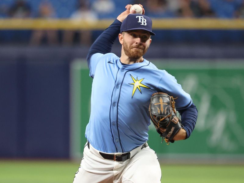 Jul 30, 2024; St. Petersburg, Florida, USA;  Tampa Bay Rays pitcher Hunter Bigge (43) throws a pitch against the Miami Marlins during the ninth inning at Tropicana Field. Mandatory Credit: Kim Klement Neitzel-USA TODAY Sports