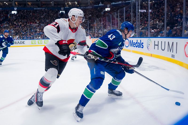 Jan 2, 2024; Vancouver, British Columbia, CAN; Ottawa Senators forward Dominik Kubalik (81) checks Vancouver Canucks defenseman Quinn Hughes (43) in the first period at Rogers Arena. Mandatory Credit: Bob Frid-USA TODAY Sports