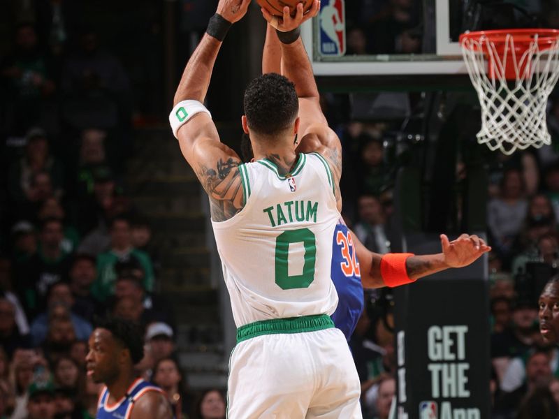 BOSTON, MA - MAY 5: Jayson Tatum #0 of the Boston Celtics shoots the ball during the game against the New York Knicks during Game 1 of the 2025 NBA Eastern Conference Semifinals of the 2025 NBA Playoffs on May 5, 2025 at TD Garden in Boston, Massachusetts. NOTE TO USER: User expressly acknowledges and agrees that, by downloading and/or using this Photograph, user is consenting to the terms and conditions of the Getty Images License Agreement. Mandatory Copyright Notice: Copyright 2025 NBAE (Photo by Nathaniel S. ButlerNBAE via Getty Images)