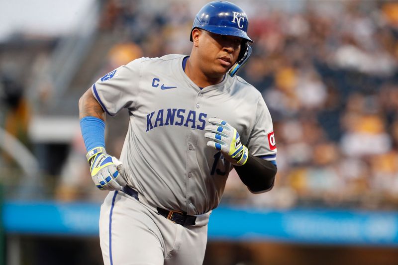 Sep 13, 2024; Pittsburgh, Pennsylvania, USA;  Kansas City Royals catcher Salvador Perez (13) circles the bases on a two run home run against the Pittsburgh Pirates during the second inning at PNC Park. Mandatory Credit: Charles LeClaire-Imagn Images