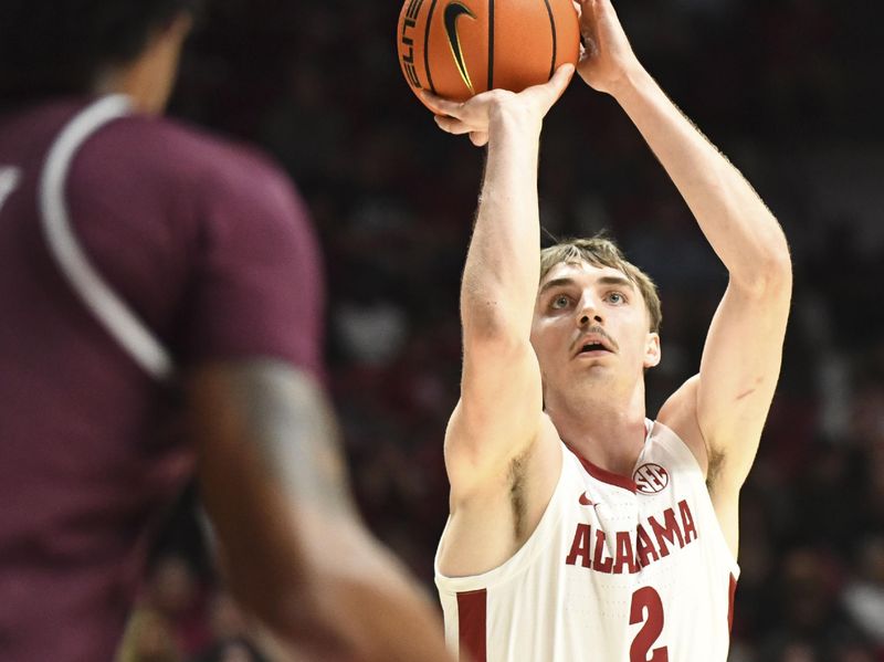 Feb 3, 2024; Tuscaloosa, Alabama, USA;  Alabama forward Grant Nelson (2) takes a shot against Mississippi State at Coleman Coliseum. Mandatory Credit: Gary Cosby Jr.-USA TODAY Sports