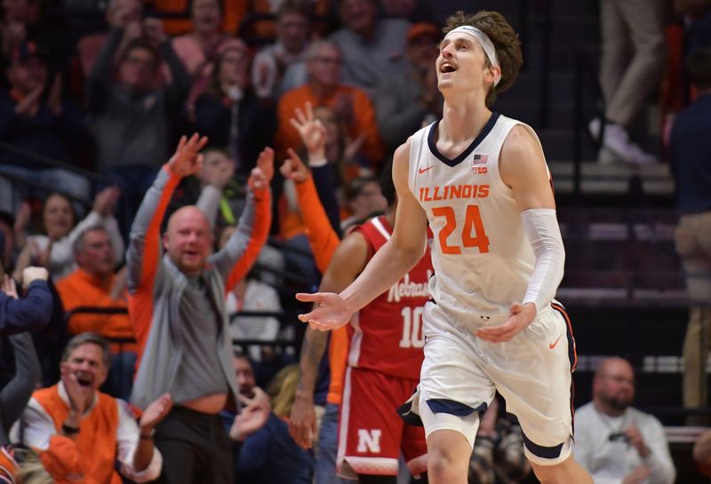 Jan 31, 2023; Champaign, Illinois, USA; Illinois Fighting Illini forward Matthew Mayer (24) reacts after scoring a basket during the second half against the Nebraska Cornhuskers at State Farm Center. Mandatory Credit: Ron Johnson-USA TODAY Sports