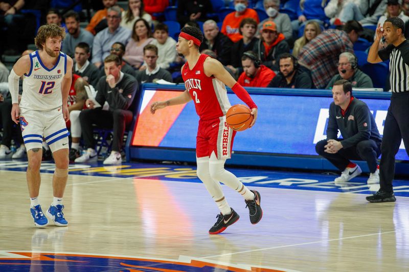 Jan 16, 2024; Boise, Idaho, USA; UNLV Rebels guard Justin Webster (2) during the second half against the Boise State Broncos at ExtraMile Arena. UNLV beats Boise State 68-64. Mandatory Credit: Brian Losness-USA TODAY Sports

