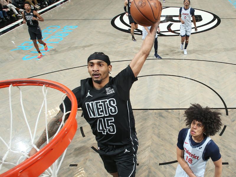 BROOKLYN, NY - FEBRUARY 5: Keon Johnson #45 of the Brooklyn Nets drives to the basket during the game against the Washington Wizards on February 5, 2025 at Barclays Center in Brooklyn, New York. NOTE TO USER: User expressly acknowledges and agrees that, by downloading and or using this Photograph, user is consenting to the terms and conditions of the Getty Images License Agreement. Mandatory Copyright Notice: Copyright 2025 NBAE (Photo by Nathaniel S. Butler/NBAE via Getty Images)