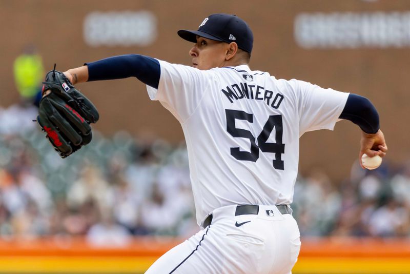 Aug 17, 2024; Detroit, Michigan, USA; Detroit Tigers starting pitcher Keider Montero (54) delivers in the first inning against the New York Yankees at Comerica Park. Mandatory Credit: David Reginek-USA TODAY Sports