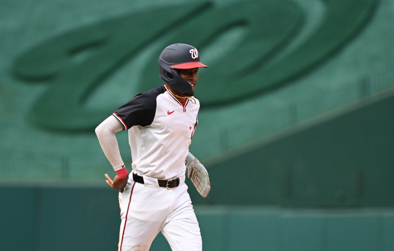 Sep 1, 2024; Washington, District of Columbia, USA; Washington Nationals second baseman Darren Baker (10) jogs back to the dugout during his Major League debut against the Chicago Cubs during the ninth inning at Nationals Park. Mandatory Credit: Rafael Suanes-USA TODAY Sports