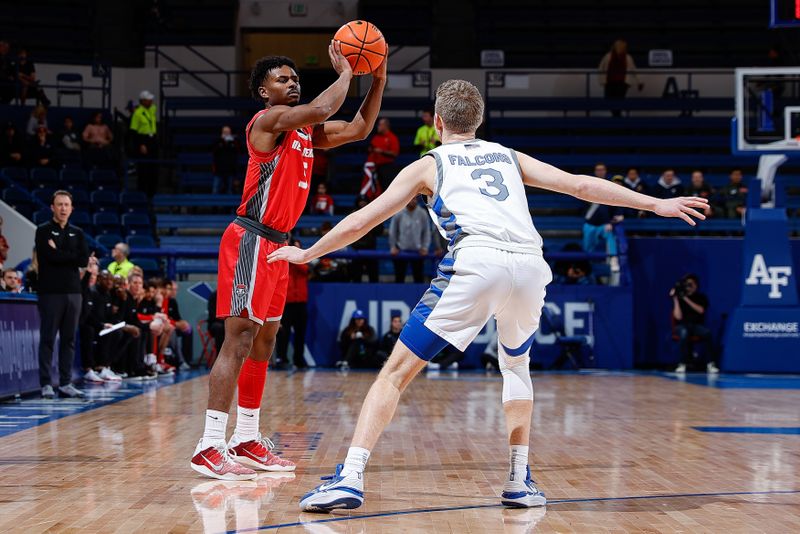 Feb 10, 2023; Colorado Springs, Colorado, USA; New Mexico Lobos guard Jamal Mashburn Jr. (5) controls the ball as Air Force Falcons guard Jake Heidbreder (3) guards in the first half at Clune Arena. Mandatory Credit: Isaiah J. Downing-USA TODAY Sports