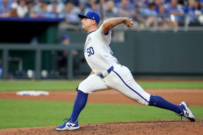 Jul 20, 2024; Kansas City, Missouri, USA; Kansas City Royals relief pitcher Kris Bubic (50) throws against the Chicago White Sox during the top of the ninth inning at Kauffman Stadium. Mandatory Credit: Scott Sewell-USA TODAY Sports