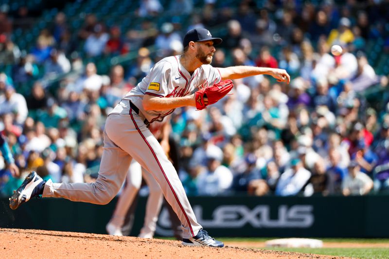 May 1, 2024; Seattle, Washington, USA; Atlanta Braves starting pitcher Chris Sale (51) throws against the Seattle Mariners during the fifth inning at T-Mobile Park. Mandatory Credit: Joe Nicholson-USA TODAY Sports